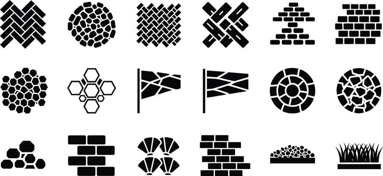 Collection of black and white icons representing various paving and wall construction patterns
