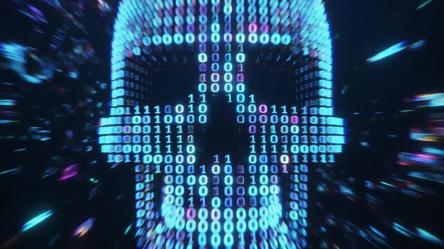 Digital Skull Made of Point Cloud Particles in Deep Blue Environment