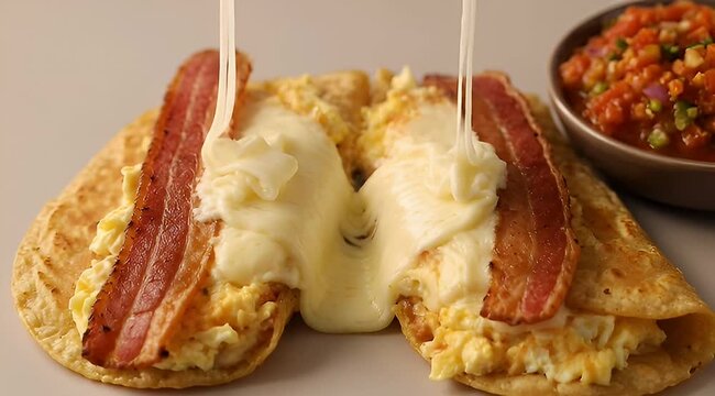 Delicious breakfast quesadillas with bacon, scrambled eggs and fresh cheese pull