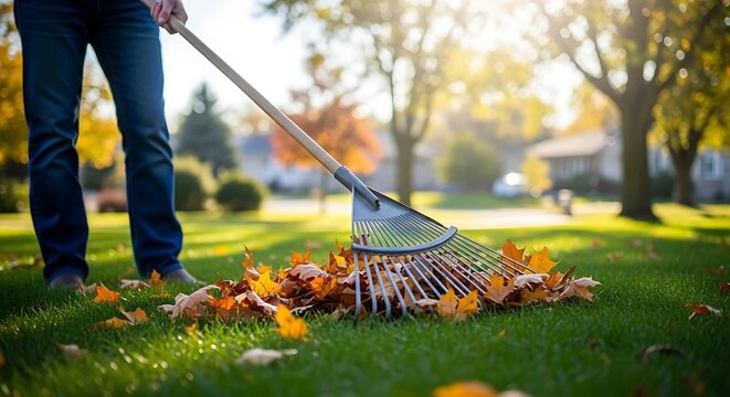 Person raking leaves on a sunny autumn day in a residential yard