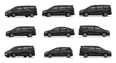 Collection of black cars and vans in profile view. © garik