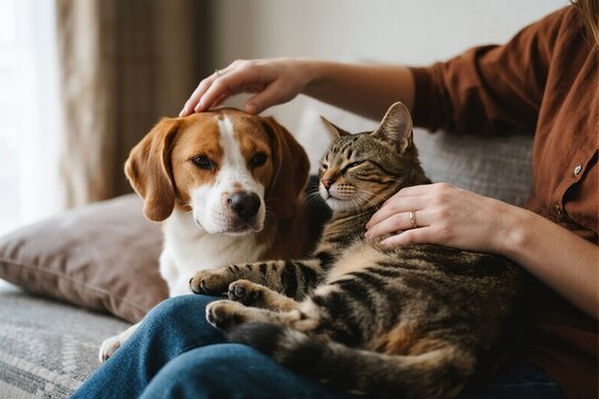 Person petting dog and cat on lap