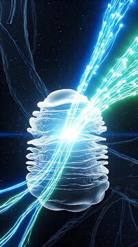 Abstract 3D CGI Animation Depicting Neural Pathways and Information Transfer in the Lateral Geniculate Nucleus with Glowing Blue and Green Light Trails on a Dark Starry Background
