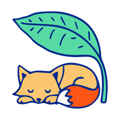 Fototapeta premium A cute cartoon fox sleeping peacefully under a green leaf