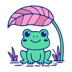 Obraz premium A colorful cartoon frog sitting under a large pink leaf in a playful vector illustration