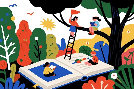 Children reading in a magical tree book