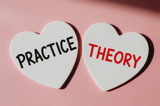 Two hearts with practice and theory words