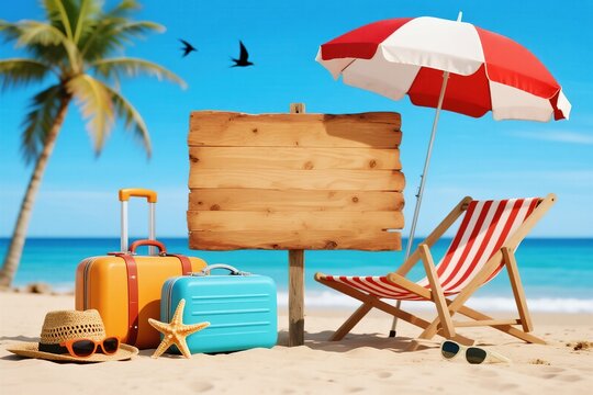 Beach travel setup with luggage and chair