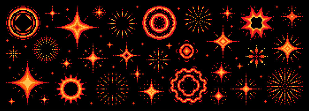 Pixel art set of red and orange sparkling stars and fireworks. Retro 8 bit style burst collection for festive computer game celebration design.