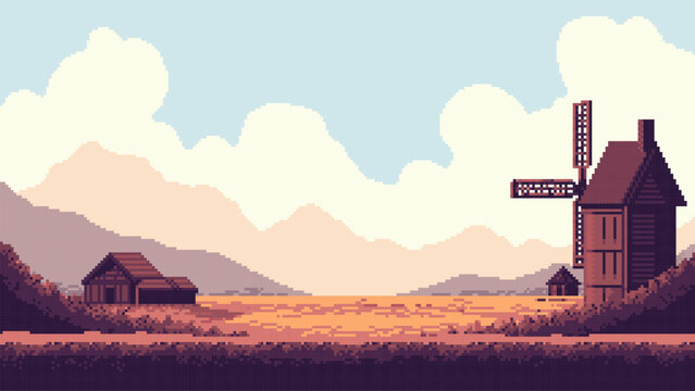 Pixel art landscape with a windmill in a field with mountains in background. Y2k digital illustration for game background or retro design.
