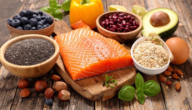 Healthy Food Assortment - Salmon, Berries, Nuts, Grains, and Vegetables on Wooden Surface.