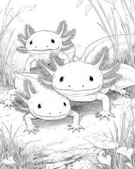 Cute axolotl coloring page for kids featuring three friendly Mexican walking fish characters in a natural pond habitat with water plants and lily pads in black and white line art style for education