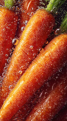 Fresh organic orange carrots with green tops submerged in clear sparkling water with many bubbles and water droplets for healthy food concept and vegan cooking background in high resolution macro