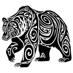 Tribal bear silhouette with intricate black and white maori style swirl patterns and ethnic celtic ornaments isolated on white background for tattoo design graphic element and wildlife mascot logo