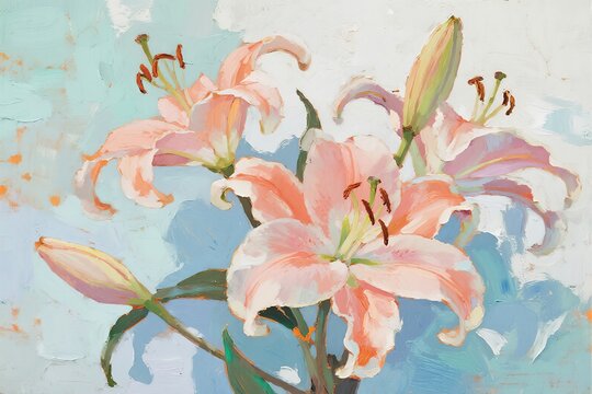 Painting of pink lilies with buds