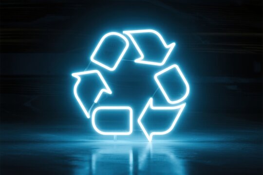 Neon recycling symbol on reflective surface