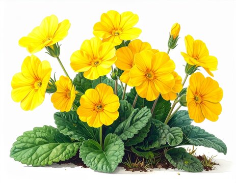 Bright Yellow Drummond Primrose Flowers with Green Leaves on White Background