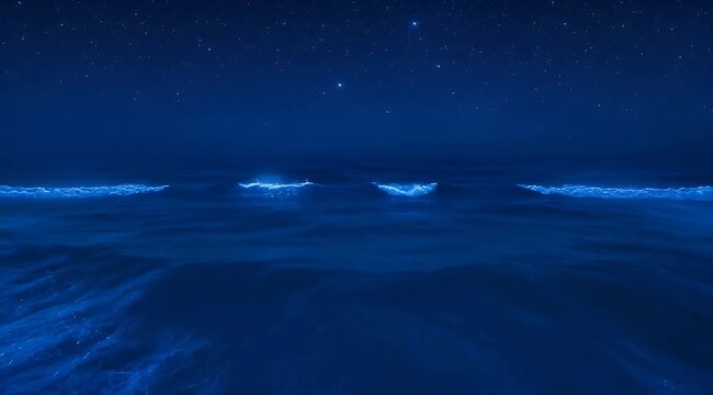 A dreamy indigo ocean at night with bioluminescent waves and starry sky