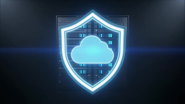 Digital shield protecting a cloud icon with a background of servers, representing cloud security and data protection.