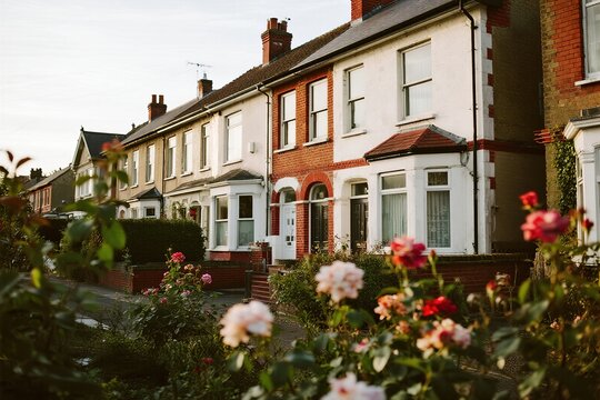 Row of residential houses with garden flowers