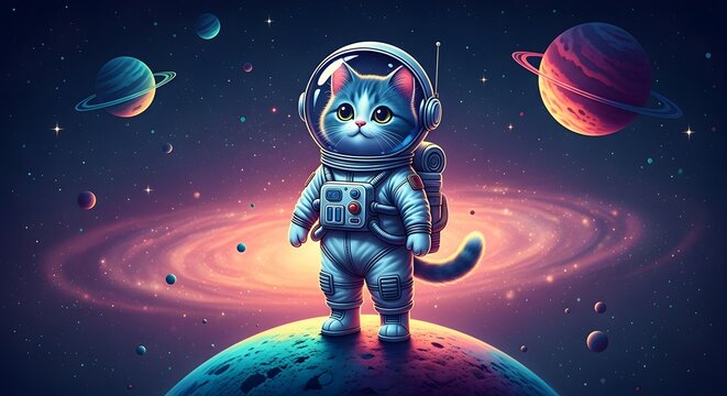 Astronaut cat exploring the galaxy surreal cosmic illustration