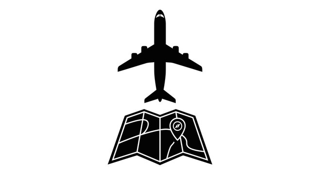 Airplane flying over a map navigation guide.