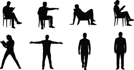 Collection of human silhouettes in different poses sitting standing reading pointing walking isolated on white background, people body language set for design projects © Masuduzzaman