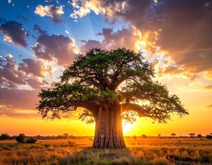 Fototapeta premium A large tree stands alone in a grassy field during a vibrant sunset with clouds