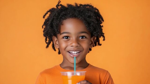 Orange Juice Delight: A cheerful young child sips orange juice, exuding pure joy and refreshment against a vibrant orange backdrop.