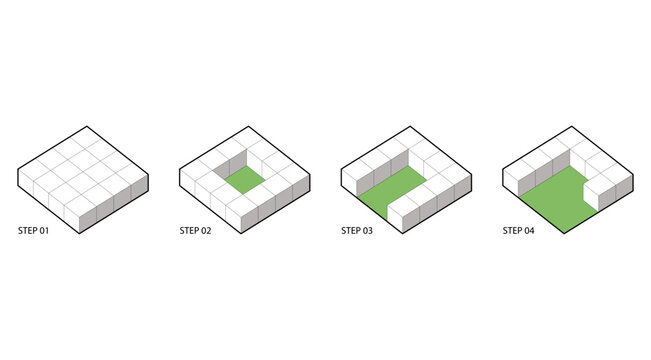 Isometric architectural massing diagram showing step by step building development. Minimal block transformation process for urban planning and design presentation.
