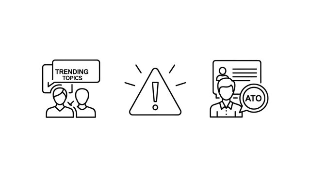Icons depicting trending topics discussion, alert warning, and account takeover (ATO) security, representing communication, risk, and cybersecurity.