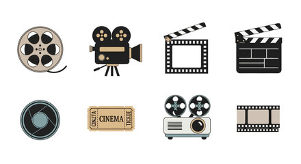 Vintage cinema icons set featuring film reel movie camera