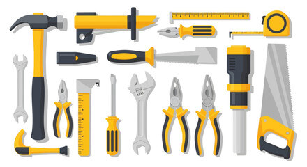 Comprehensive toolkit collection featuring modern hand tools in flat