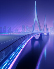 Obraz premium High-Tech Suspended Bridge with Neon Light Beams and Digital Transformation Symbol