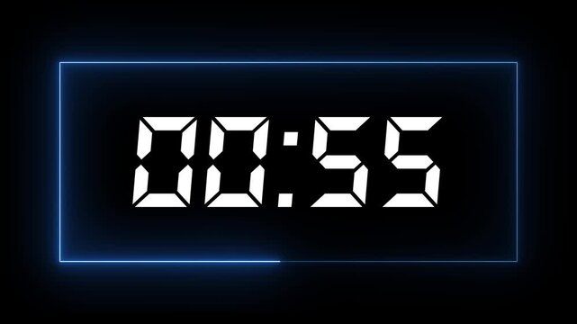 60 Second Digital Countdown Timer with White LED Numbers and Glowing Blue Neon Frame