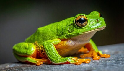 Obraz premium Vibrant Green Frog Perched on a Stone Surface, Close-up View, Natures Beauty.