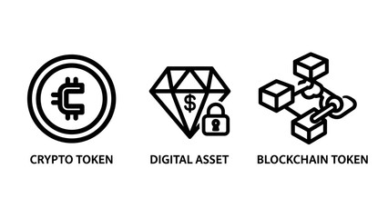 Fototapeta premium Crypto and Blockchain Token Icons: Bitcoin, Digital Asset Security, and Network Connection Concepts
