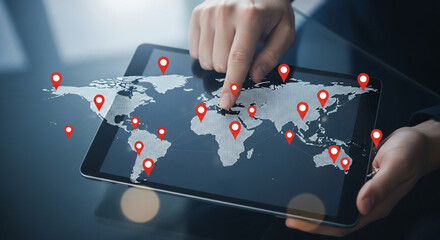 Global business expansion and international networking concept with world map on tablet and location pin for worldwide connection