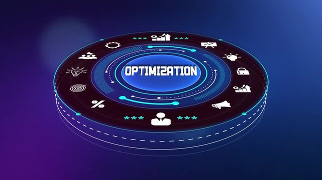 Advanced business optimization system showing a digital interface with glowing icons for process improvement and resource efficiency,