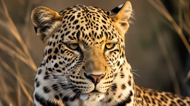 Leopard portrait. Sharp golden eyes. Focus on the spots and fur. Nature close-up