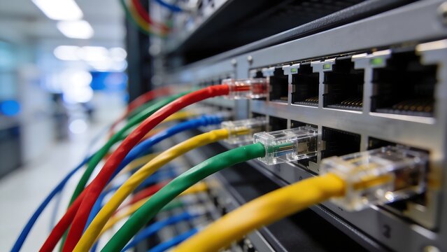 Close up view of colorful ethernet network cables plugged into a data center server rack switch panel
