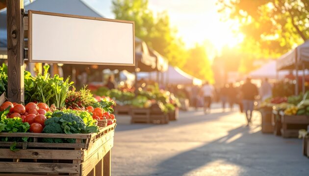 Outdoor Farmers Market Stall Displaying Fresh Vegetables Under Golden Sunlight