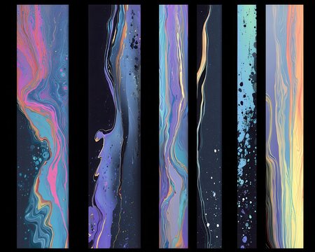 Sei strisce verticali astratte con effetto pittura acrilica fluida, colori pastello iridescenti e dettagli metallici