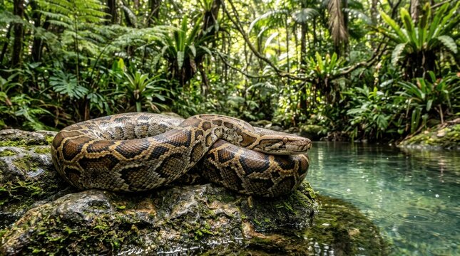 Burmese python coiled on mossy rock in jungle