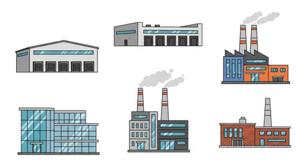 Collection of Industrial Buildings and Factories in Vector Illustration.