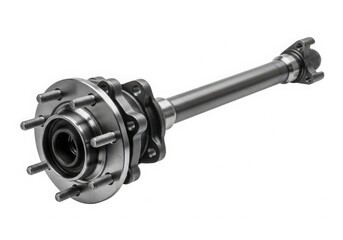 Close-up view of a mechanical drive shaft with a universal joint and bearing assembly