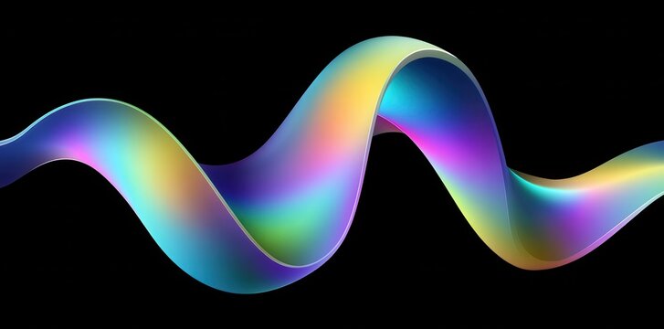 Onda astratta 3D iridescente e fluida con gradiente arcobaleno su sfondo nero