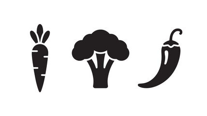 Obraz premium Black Silhouettes Of Carrot, Broccoli, And Chili Pepper On White Background For Healthy Eating Concepts