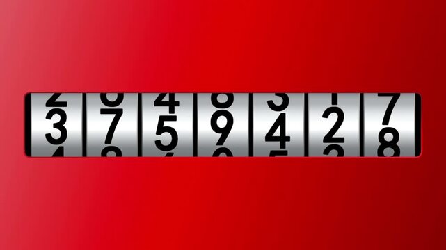 Close-up of a mechanical combination lock or counter with rotating numbered dials on a red background.