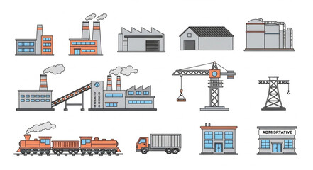Collection of industrial buildings and vehicles illustration. © Akik